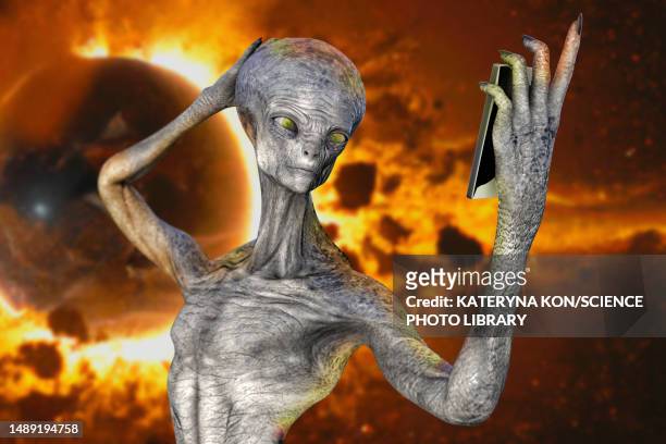 alien taking selfie, illustration - apocalypse stock-grafiken, -clipart, -cartoons und -symbole