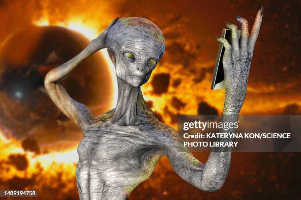 alien taking selfie, illustration - spaceship stock illustrations