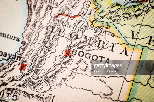 antique atlas map macro closeup: bogota, colombia - bogota stock illustrations