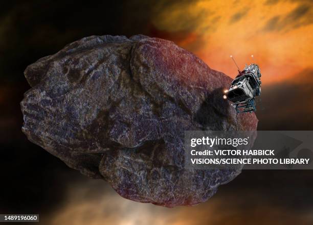 mining spaceship at asteroid, illustration - asteroid stock illustrations
