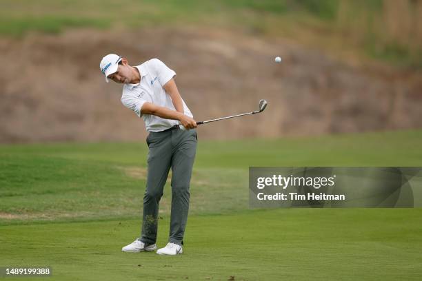 Seung-yul Noh of South Korea plays a second shot on the 14th hole during the first round of the AT&T Byron Nelson at TPC Craig Ranch on May 11, 2023...