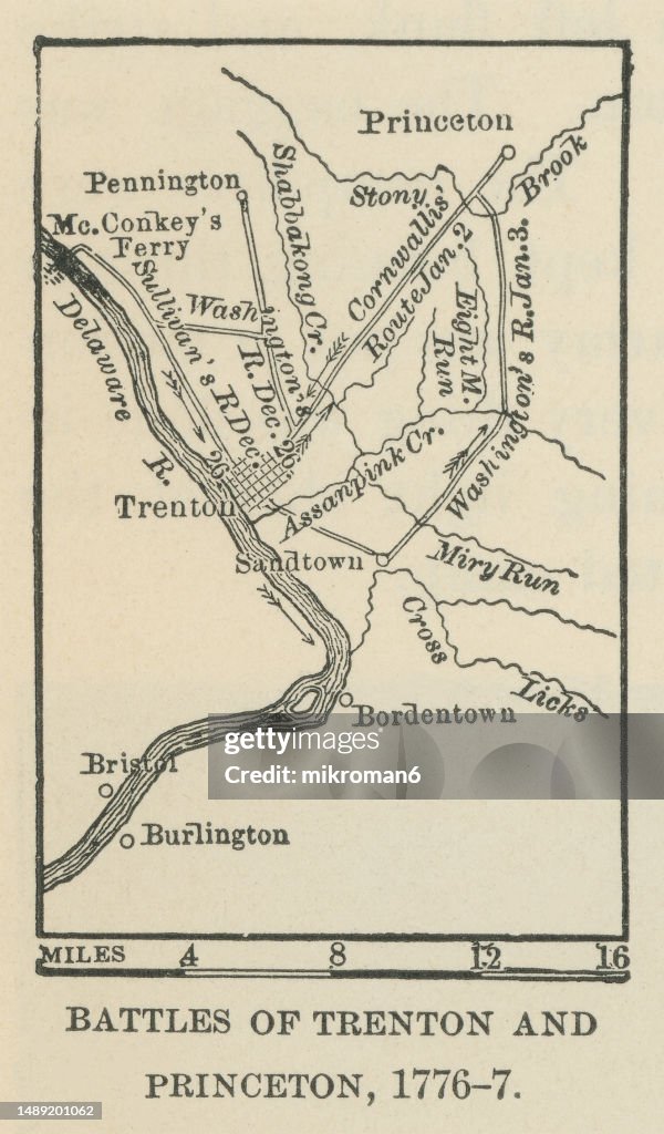 Old engraved map of the battle of Trenton and Princeton, 1776-1777