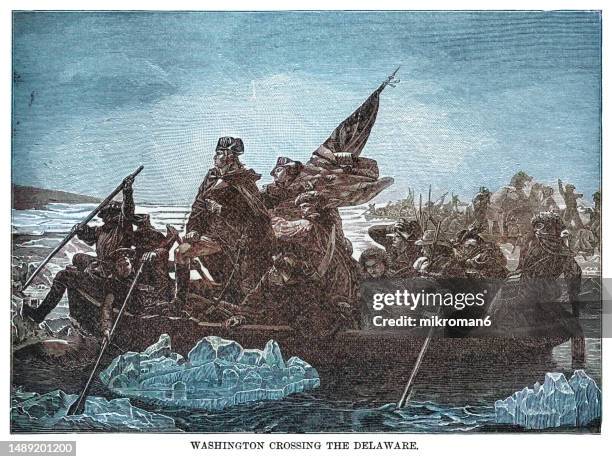 old engraving illustration of general george washington's crossing of the delaware river - george washington imagens e fotografias de stock