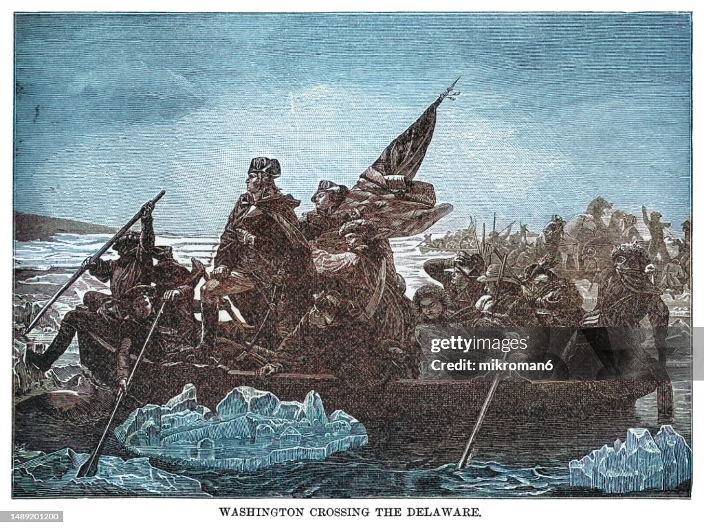 Old engraving illustration of General George Washington's crossing of the Delaware River
