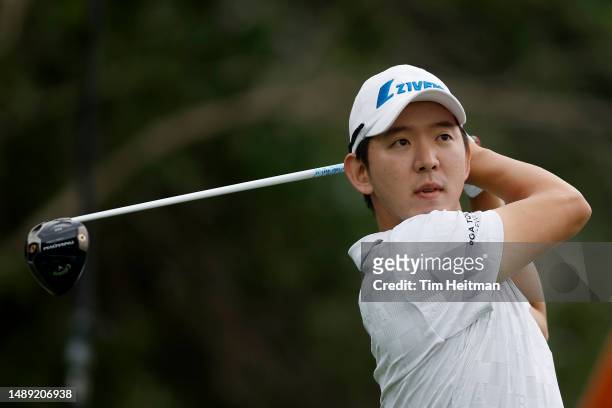 Seung-yul Noh of South Korea plays his shot from the 16th tee during the first round of the AT&T Byron Nelson at TPC Craig Ranch on May 11, 2023 in...