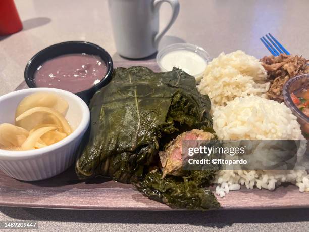 hawaiian food platter with laulau, poi and pork - pork pie stock pictures, royalty-free photos & images