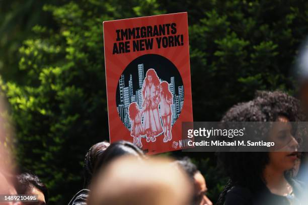 People gather to rally for immigrant rights at City Hall on May 11, 2023 in New York City. Elected officials were joined by various immigration...