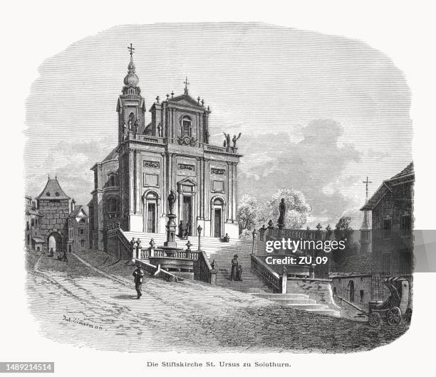 stockillustraties, clipart, cartoons en iconen met historical view of the solothurn cathedral, switzerland, woodcut, published 1877 - solothurn