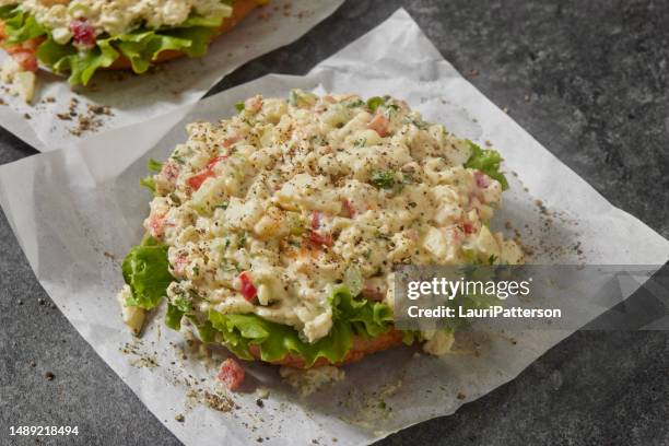 creamy open faced egg salad sandwich - deviled egg stock pictures, royalty-free photos & images