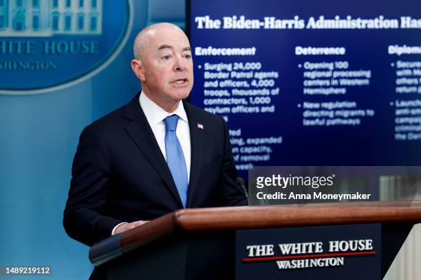 Secretary of Homeland Security Alejandro Mayorkas speaks during the daily news briefing at the James S. Brady Press Briefing Room of the White House...