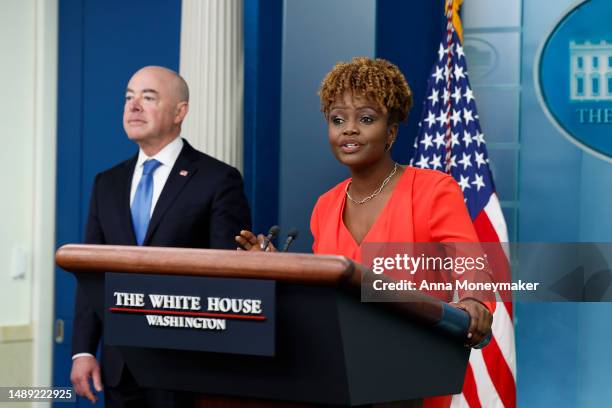 White House Press Secretary Karine Jean-Pierre speaks alongside Secretary of Homeland Security Alejandro Mayorkas during the daily news briefing at...