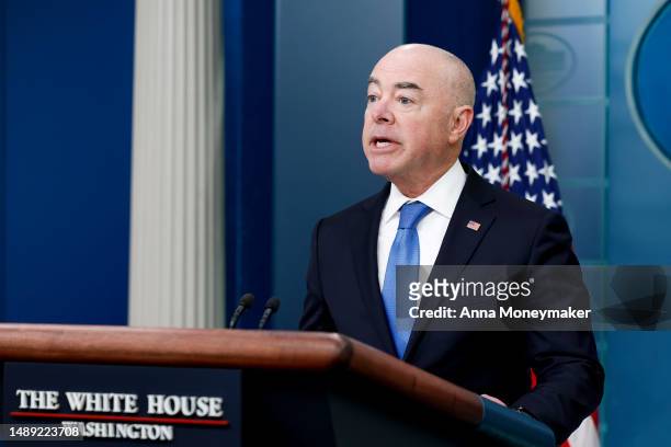 Secretary of Homeland Security Alejandro Mayorkas speaks during the daily news briefing at the James S. Brady Press Briefing Room of the White House...