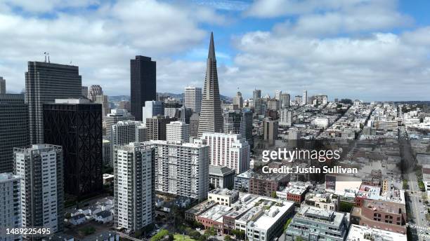 In an aerial view, the Transamerica Pyramid building is seen on May 11, 2023 in San Francisco, California. San Francisco's downtown continues to...