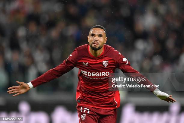 Yousseff En-Nesyri of Sevilla FC celebrates after scoring the team's first goal during the UEFA Europa League semi-final first leg match between...