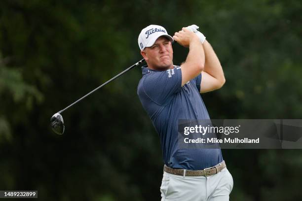 Tom Hoge of the United States plays his shot from the ninth tee during the first round of the AT&T Byron Nelson at TPC Craig Ranch on May 11, 2023 in...