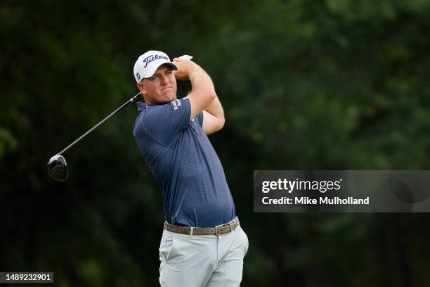 Tom Hoge of the United States plays his shot from the ninth tee during the first round of the AT&T Byron Nelson at TPC Craig Ranch on May 11, 2023 in...