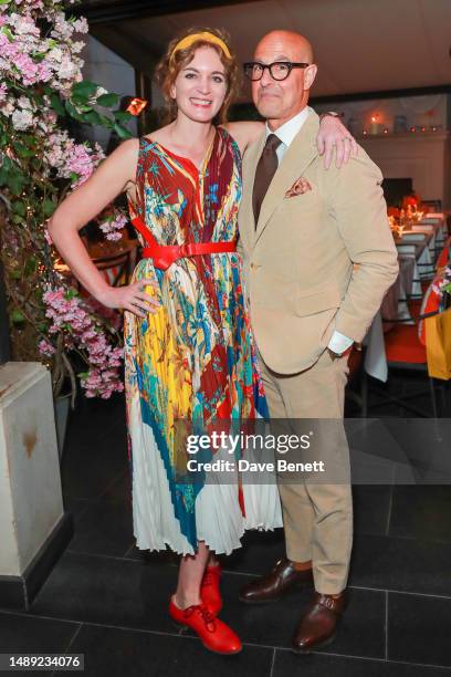 Felicity Blunt and Stanley Tucci attend a Filmmaker's Dinner hosted by 886 by The Royal Mint together with The Corinthia London on May 11, 2023 in...