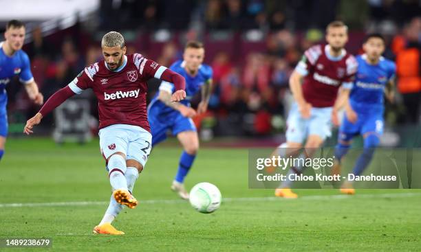 Said Benrahma of West Ham United scores a penalty for their team during the UEFA Europa Conference League semi-final first leg match between West Ham...