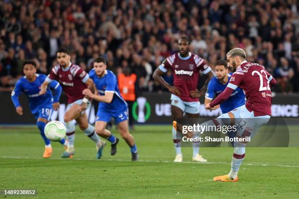 Said Benrahma of West Ham United scores the team's first goal from a penalty kick during the UEFA Europa Conference League semi-final first leg match...