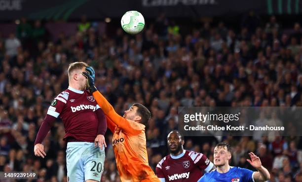 Mathew Ryan of AZ Alkmaar fouls Jarrod Bowen of West Ham United resulting in a penalty during the UEFA Europa Conference League semi-final first leg...
