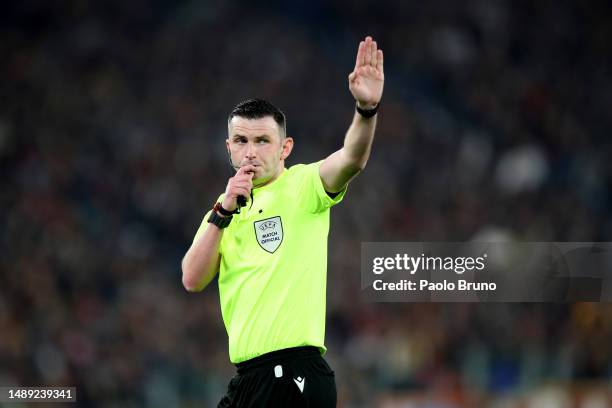 Referee Michael Oliver blows their whistle during the UEFA Europa League semi-final first leg match between AS Roma and Bayer 04 Leverkusen at Stadio...