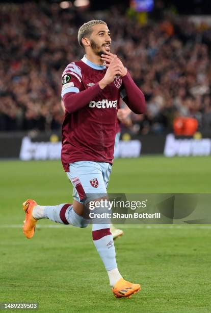 Said Benrahma of West Ham United celebrates after scoring the team's first goal from a penalty kick during the UEFA Europa Conference League...