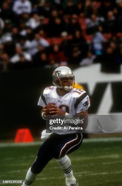 Quarterback Tom Brady of the New England Patriots drops back to pass in the game between the New England Patriots vs the New York Jets on December 2,...