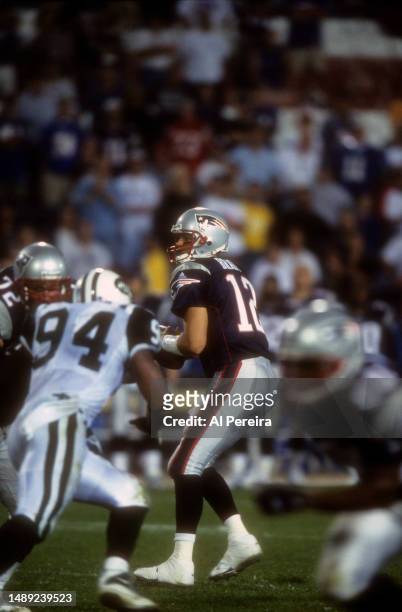 Quarterback Tom Brady of the New England Patriots drops back to pass in the game between the New York Jets vs the New England Patriots on September...