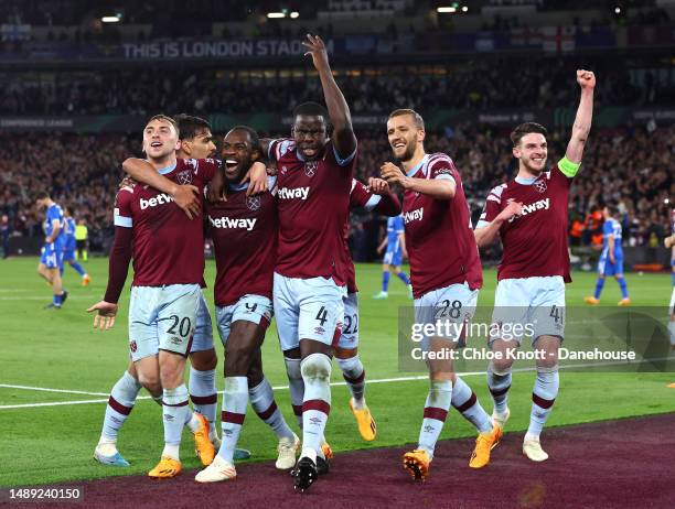 Michail Antonio of West Ham United celebrates scoring their teams second goal during the UEFA Europa Conference League semi-final first leg match...