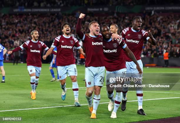 Michail Antonio of West Ham United celebrates scoring their teams second goal during the UEFA Europa Conference League semi-final first leg match...