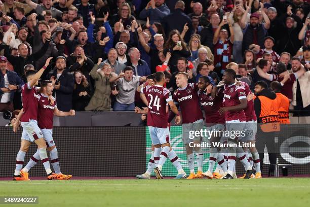 Michail Antonio of West Ham United celebrates with teammates after scoring the team's second goal during the UEFA Europa Conference League semi-final...