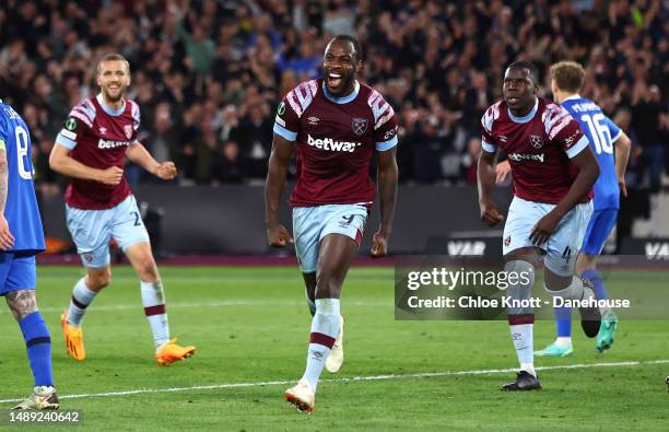 Michail Antonio of West Ham United celebrates scoring their teams second goal during the UEFA Europa Conference League semi-final first leg match...