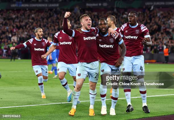 Michail Antonio of West Ham United celebrates scoring their teams second goal during the UEFA Europa Conference League semi-final first leg match...