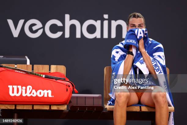 Aryna Sabalenka reacts against Sofia Kenin of the United States during the Women's Singles Second Round match on Day Four at Foro Italico on May 11,...