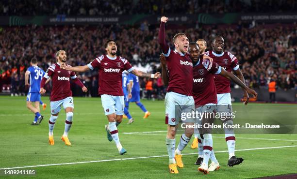 Michail Antonio of West Ham United celebrates scoring their teams second goal during the UEFA Europa Conference League semi-final first leg match...