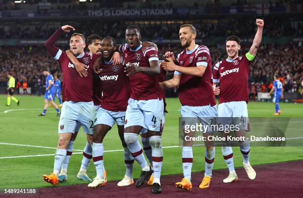 Michail Antonio of West Ham United celebrates scoring their teams second goal during the UEFA Europa Conference League semi-final first leg match...