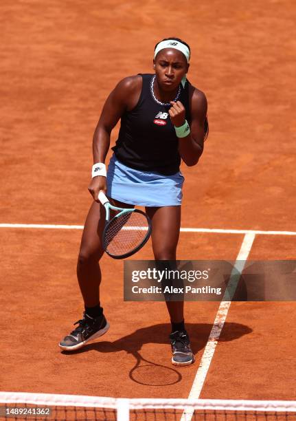 Coco Gauff of the United States celebrates against Yulia Putintseva of Kazakhstan during the Women's Singles Second Round match on Day Four at Foro...