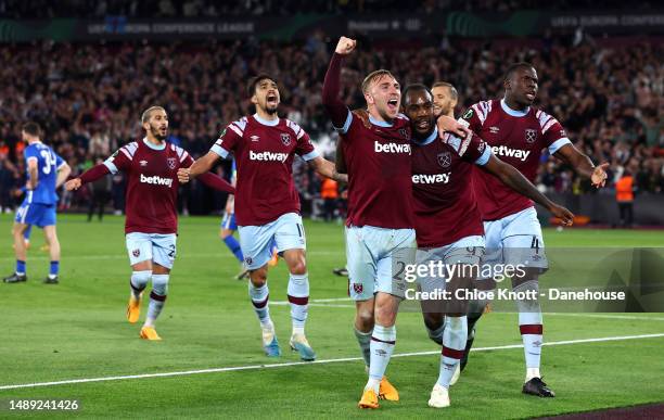 Michail Antonio of West Ham United celebrates scoring their teams second goal during the UEFA Europa Conference League semi-final first leg match...