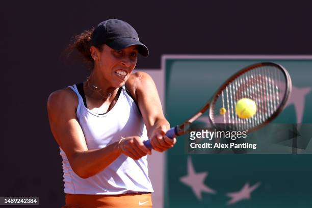 Madison Keys of the United States plays a backhand shot against Magdalena Frech of Poland during the Women's Second Round match on Day Four at Foro...