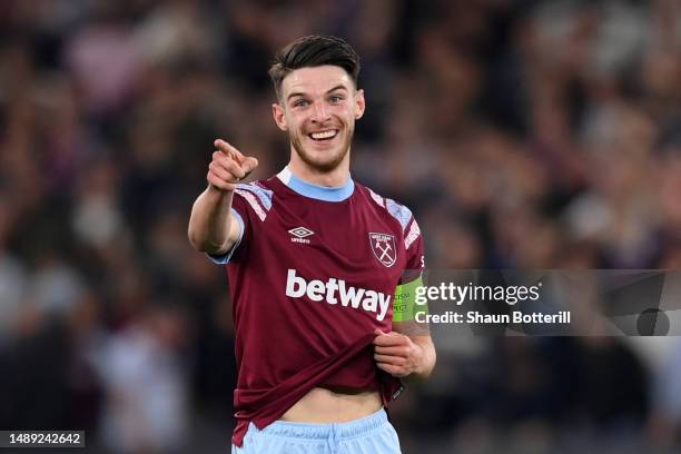 Declan Rice of West Ham United gestures during the UEFA Europa Conference League semi-final first leg match between West Ham United and AZ Alkmaar at...