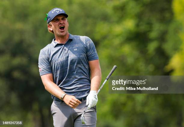 Will Gordon of the United States reacts to his approach on the ninth hole during the first round of the AT&T Byron Nelson at TPC Craig Ranch on May...
