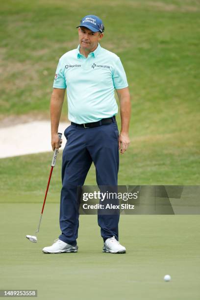 Padraig Harrington of Ireland reacts after a putt on the third green during the first round of the Regions Tradition at Greystone Golf and Country...