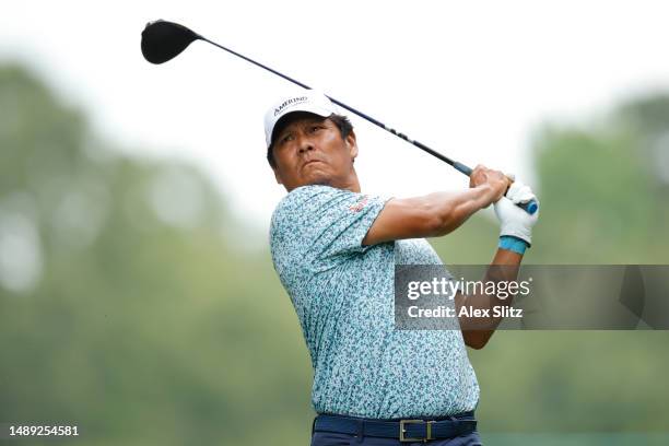 Notah Begay III of the United States watches his tee shot on the second hole during the first round of the Regions Tradition at Greystone Golf and...