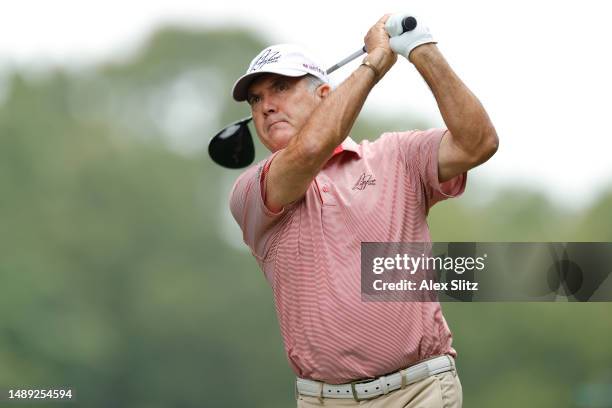 David Frost of South Africa watches his tee shot on the second hole during the first round of the Regions Tradition at Greystone Golf and Country...