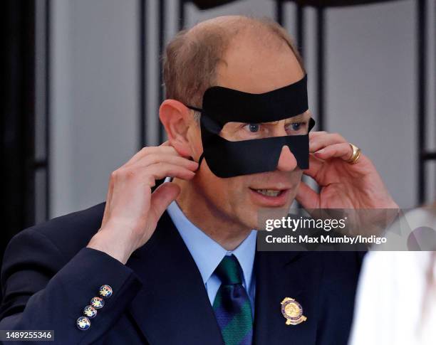 Prince Edward, Duke of Edinburgh tries a virtual reality horse racing simulator as he attends day 1 of the 2023 Royal Windsor Horse Show in Home...