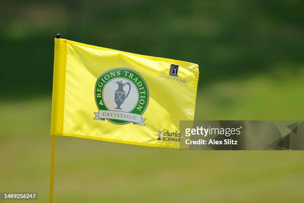 Hole pin flag sits on the ninth green during the first round of the Regions Tradition at Greystone Golf and Country Club on May 11, 2023 in...
