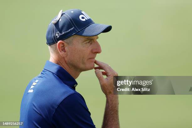 Jim Furyk waits to putt on the ninth green during the first round of the Regions Tradition at Greystone Golf and Country Club on May 11, 2023 in...
