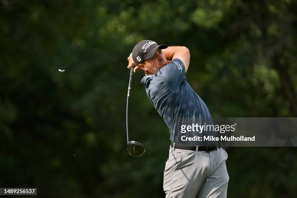 Joseph Bramlett of the United States plays his shot from the ninth tee during the first round of the AT&T Byron Nelson at TPC Craig Ranch on May 11,...