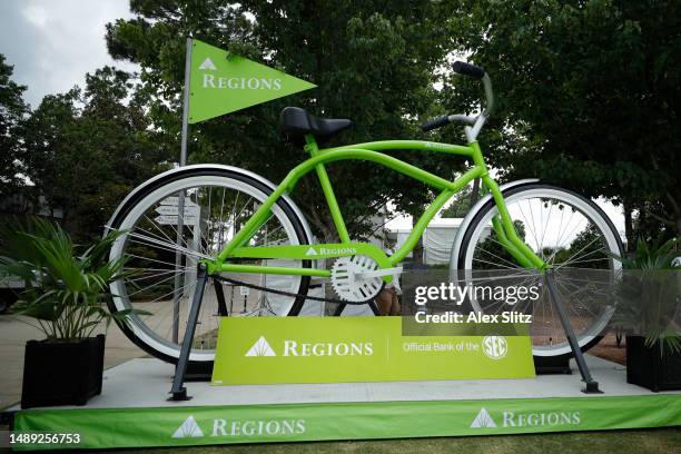 Signage near the 18th green during the first round of the Regions Tradition at Greystone Golf and Country Club on May 11, 2023 in Birmingham, Alabama.