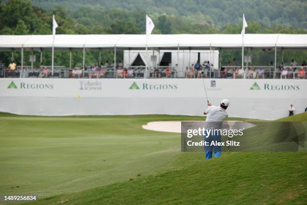 José María Olazábal of Spain hits a shot on the 18th fairway during the first round of the Regions Tradition at Greystone Golf and Country Club on...